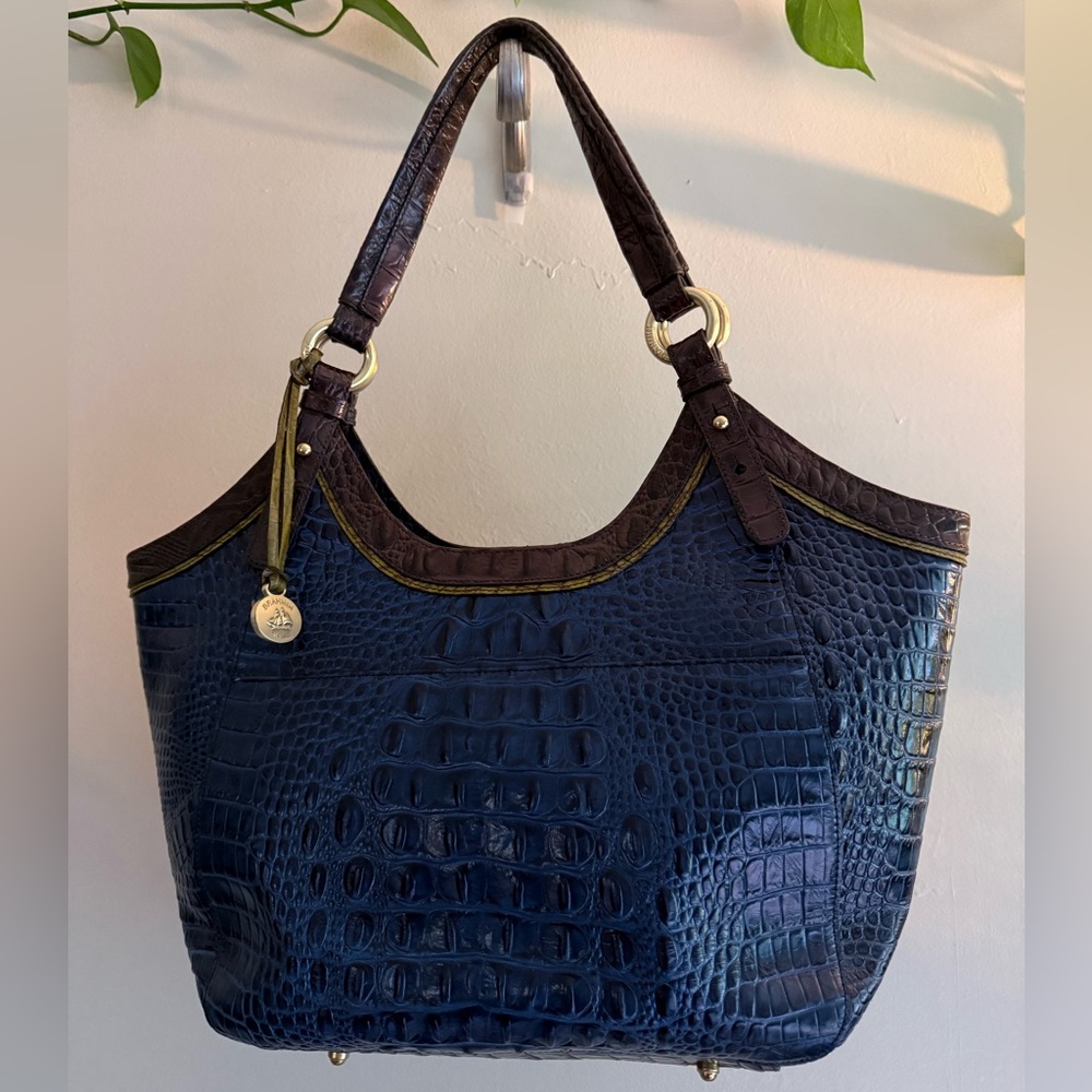 Brahmin Navy Croc-Embossed Shoulder Bag with Brown Trim